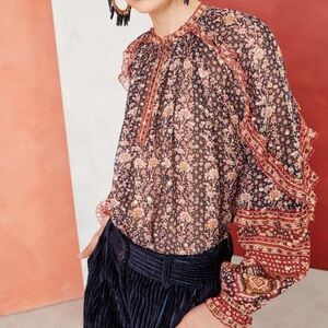 Ulla Johnson Calista Blouse Long Sleeve silk gold Sz 2 Small Ruffle Peasant Boho